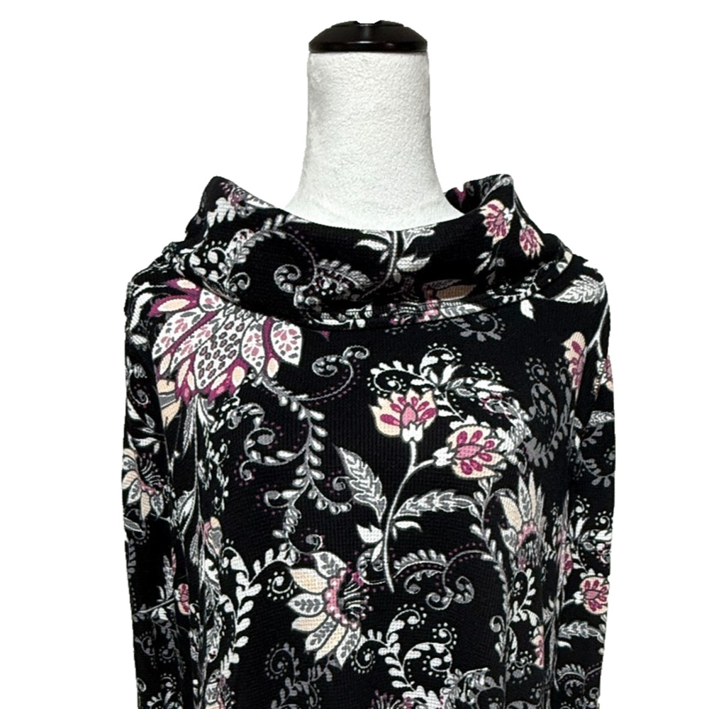 Chicos Zenergy Top Large 2 Black Pink Floral Waffle Thermal Cowl Neck‎ Stretch